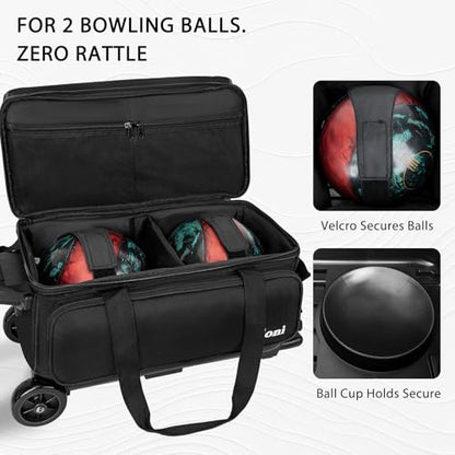 Goloni Double Roller 2 Ball Bowling Bag with Separate Shoe Compartment,2 Ball Bowling Bag with Wheels,Retractable Handle Extends to 40" - color: Black