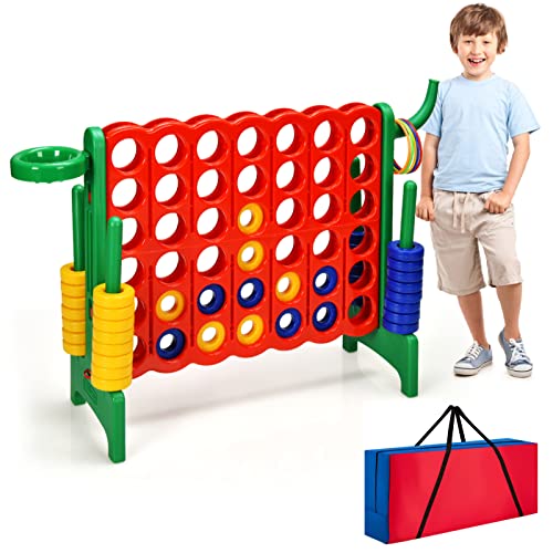 HONEY JOY Jumbo 4-to-Score Giant Game Set, 3-in-1 Indoor Outdoor Family Yard Game Set w/Basketball Hoop & Ring Toss, 42 Jumbo Rings, Quick-Release Slider, Giant 4-in-A-Row for Kids & Adults - color: Green, style: With Carry Bag