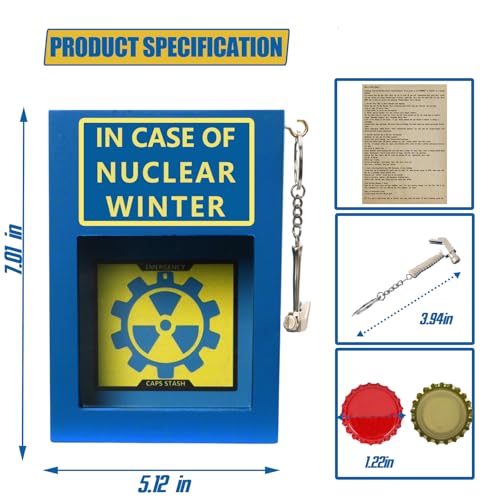 Nuclear Winter Bottle Cap Stash Box, 30 Red Caps Gag Gifts for Men | Post Apocalyptic Caps Saving Piggy Bank w/ Mini Hammer & Letter, Retro Blue Yellow Wood Decor for Wasteland Game Fans Adults - style: Nuclear Winter Emergency Box