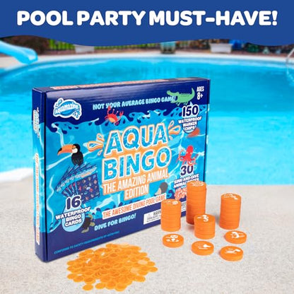 Pool Bingo Diving Game for Kids- Summer Party Fun Edition Toy- Dive & Call 30 Sinking Animal Themed "Numbers", Fill Your Card- 150 Marker Chips & 16 Double Sided Waterproof Play Cards & Carrying Bag - style: Animal