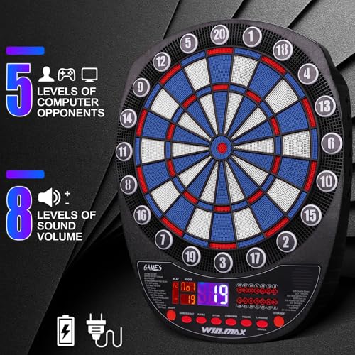 WIN.MAX Electronic Dart Board Soft Tip Dartboard Set LED Displays 3 Languages with 12 Darts 100 Tips Power Adapter - color: BLUE/WHITE