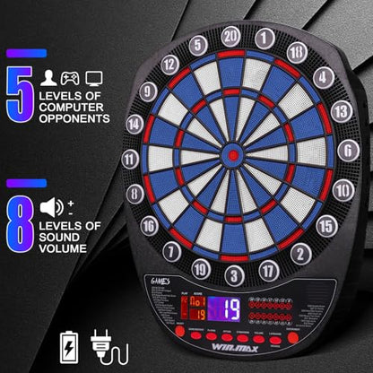 WIN.MAX Electronic Dart Board Soft Tip Dartboard Set LED Displays 3 Languages with 12 Darts 100 Tips Power Adapter - color: BLUE/WHITE