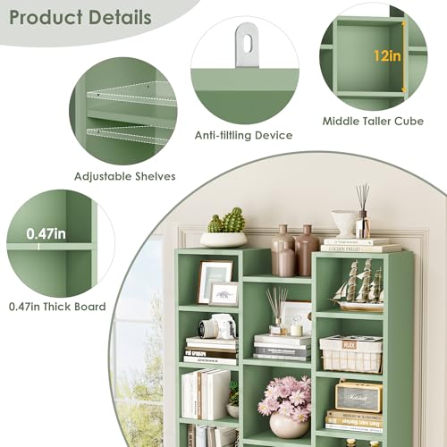FOTOSOK 71'' Tall Bookshelf with 21 Cubes, 8 Tier Triple Wide Bookshelf with 8 Adjustable Shelves, 35" Large Bookcase DVD/CD Media Tower Storage, Freestanding Display Shelf Cabinet, Green - color: Green