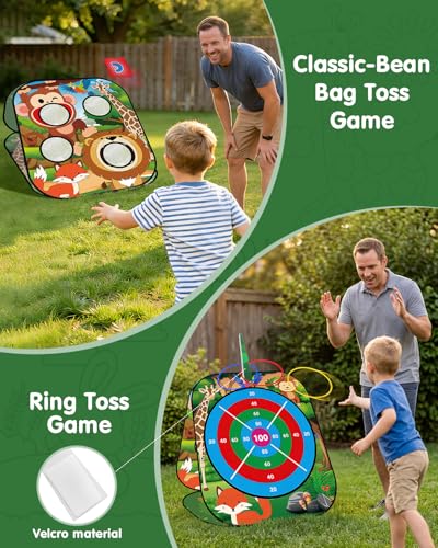 5-in-1 Bean Bag Toss Game for Kids Ages 3-8, Outdoor Cornhole Set with 3 Interchangeable Boards (Toss/Dart/Tic-Tac-Toe), Includes 8 Beanbags 6 Balls/Darts/Rings, Backyard Toys for Boys - style: Animal
