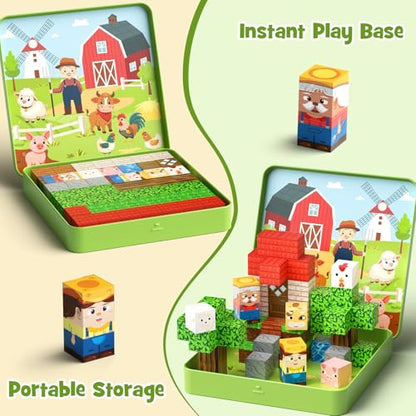 49 Pcs Farm Animals Magnetic Building Blocks Set for Toddlers 3-5, Travel Toys with Iron Storage Box, Magnetic Tiles & Cubes for Kids Ages 4-8, STEM Learning, Portable Play Base for Car Plane Trips - style: Farm Animals Magnetic Building Blocks Travel Set