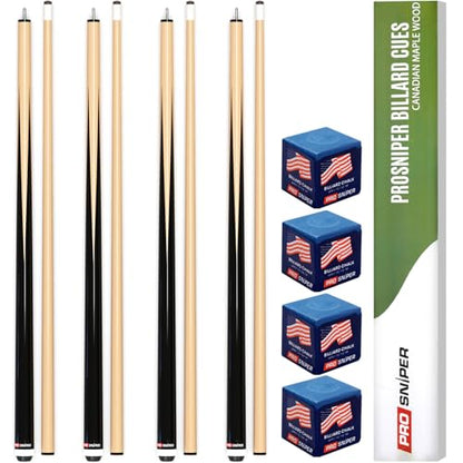 Prosniper Premium Pool Sticks Set of 4 | 58-Inch, 19-Oz Canadian Ashwood Pool Cue with Low-Deflection Shaft & 4 Extra Chalks | Pro-Grade Billiard Cue for Home & Bar Play - color: Black