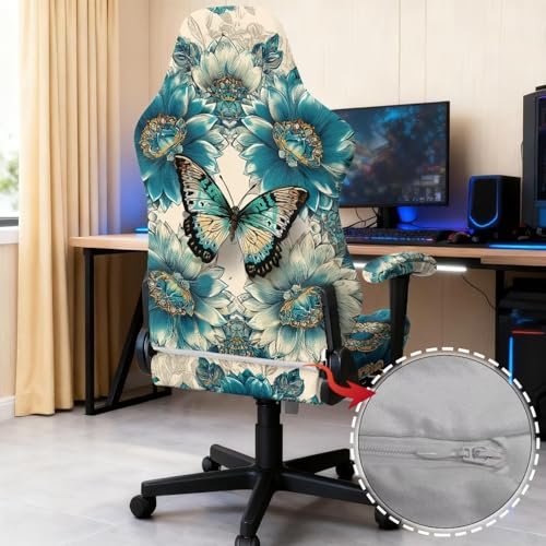Suobstales Butterfly Flower Pattern Gaming Chair Covers with Armrest Covers Office Desk Chair Cover Computer Chair Cover Stretch Gamer Chair Slipcovers Cat Scratch Proof - color: Butterfly Flower