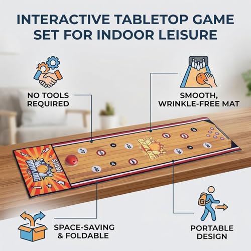RiToEasysports Indoor Bowling Set, Tabletop Bowling Game with 6 Pins and 6 Balls, No Tools Assembly Required, Foldable Mat for Family Game Nights and Parties, 39.37x11.42in