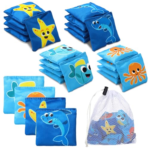21 Pcs Ocean Party Toss Game Supplies Cornhole Bean Bags with White Mesh Drawstring Bag 2 x 2 Inch Fish Octopus Starfish Shark Blue Beanbags for Summer Toss Party Toy Throwing Games - color: Ocean Animal