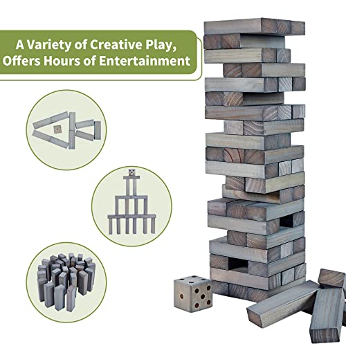 ApudArmis Giant Tumble Tower Stack to Over 5Ft, 60 PCS Pine Wooden Stacking Timber Game with 1 Dice Set - Classic Block Giant Outdoor Game (7.48 * 2.48 * 1.5 in Each Block, Gray) - color: Gray
