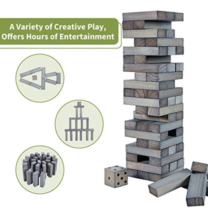 ApudArmis Giant Tumble Tower Stack to Over 5Ft, 60 PCS Pine Wooden Stacking Timber Game with 1 Dice Set - Classic Block Giant Outdoor Game (7.48 * 2.48 * 1.5 in Each Block, Gray) - color: Gray