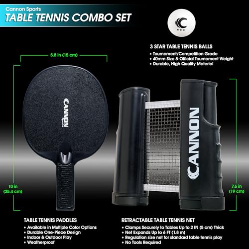 Cannon Sports Table Tennis Set – 4 Unbreakable Paddles, 6 3-Star Balls, Retractable Net & Carry Bag – Clamp-On Portable Ping Pong Net Fits Tables up to 2 Inch Thick, Extends to 6 Feet - color: Black