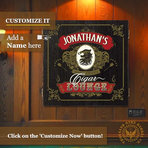 Personalized Dart Board Cabinet Set with 6 Steel Tip Darts, Paper Dartboard, Chalk & Eraser (21.5 x 21.5 x 2.75) - Man Cave Dart Boards for Adults - style: Cigar Lounge