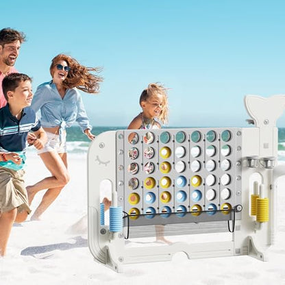 4-to-Score Giant Game Set, 4-in-1 Indoor Outdoor Yard Family Connect Game (4-in-a-Row + Basketball + Ring Toss + Mini Golf), Height Adjustable 2.5–3.3FT, Includes Carry Bag - size: 56"x19"x49"-White&Gray