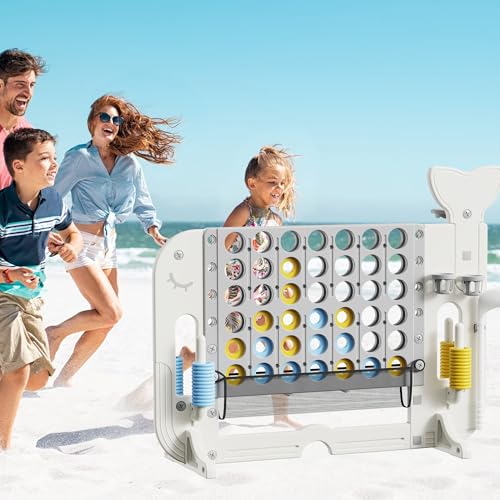 4-to-Score Giant Game Set, 4-in-1 Indoor Outdoor Yard Family Connect Game (4-in-a-Row + Basketball + Ring Toss + Mini Golf), Height Adjustable 2.5–3.3FT, Includes Carry Bag - size: 56"x19"x49"-White&Gray