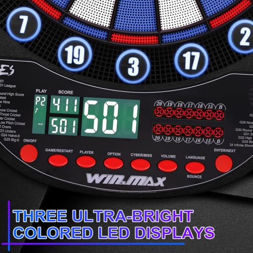 WIN.MAX Electronic Dart Board Soft Tip Dartboard Set LED Displays 3 Languages with 12 Darts 100 Tips Power Adapter - color: BLUE/WHITE WITH LIGHTS
