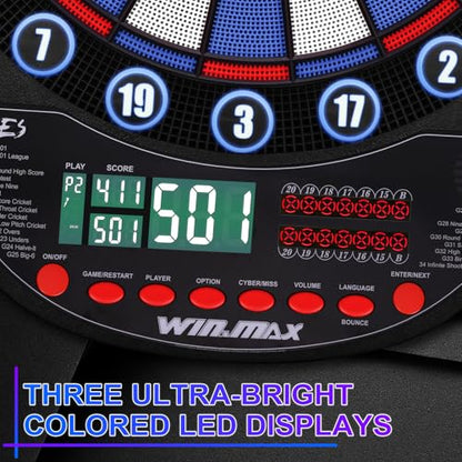 WIN.MAX Electronic Dart Board Soft Tip Dartboard Set LED Displays 3 Languages with 12 Darts 100 Tips Power Adapter - color: BLUE/WHITE WITH LIGHTS
