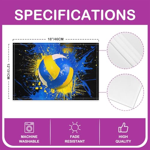 Volleyball Placemat Set of 4,Tie Dye Blue Yellow Outdoor Indoor Place Mats,Ball Games Sports Washable Durable Table Mats 12x18 Inch - color: Blue Yellow White