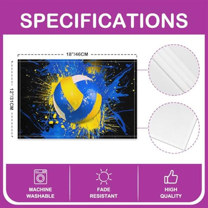 Volleyball Placemat Set of 4,Tie Dye Blue Yellow Outdoor Indoor Place Mats,Ball Games Sports Washable Durable Table Mats 12x18 Inch - color: Blue Yellow White