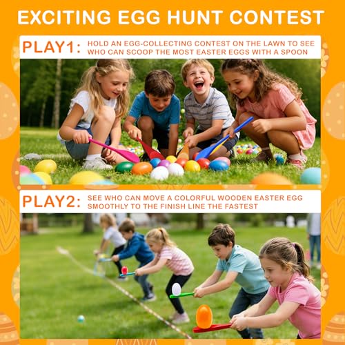 TOPLEE 20 Pcs Easter Egg and Spoon Race Game Set, 10 Players Balance Relay Easter Games Include 10 Eggs and Wooden Spoons for Kids Family Carnival Sports Outdoor Games Holiday Birthday Party Supplies