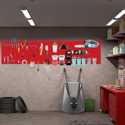 Pegboard Rack Garage Storage Steel Horizontal PegBoard Pack,Steel Pegboard Heavy Duty- 3 Pack 16-Inch X 36-Inch Metal Peg Board Tool Organization Panels (Red) - color: Red