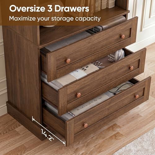 Vyre 71" Tall Farmhouse Bookshelves with Glass Doors and Drawers, Set of 2 – Large Modular Bookcase with Adjustable Shelves, Storage Cabinet for Living Room, Kitchen, Dark Brown - color: Dark Brown