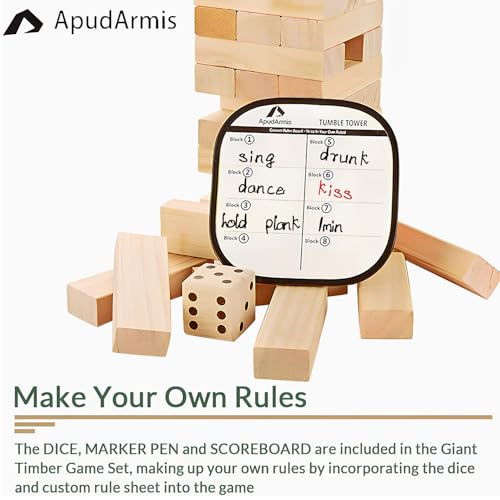ApudArmis Giant Tumble Tower Stack to Over 5.2Ft, 60 PCS Pine Wooden Stacking Timber Tower,Classic Block Giant Outdoor Indoor Game for Adults, Fun Game at Backyard, Lawn, Party with Family & Friends - color: Burlywood