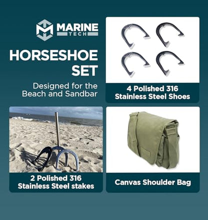 Marine Tech 316 Stainless Steel Horseshoe Game Set, Metal Horseshoe Set, Steel Horseshoes and Stakes, Perfect Backyard Games, Beach