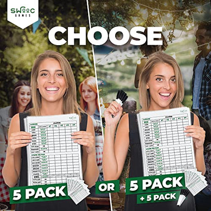 SWOOC Games® - 5 Big Premium Laminated Yardzee & Farkle Score Cards (11.5in x 8in) with Rules - Large Reusable Dry Erase Pads for Giant Outdoor Dice - style: Score Cards + Markers (5 Pack)