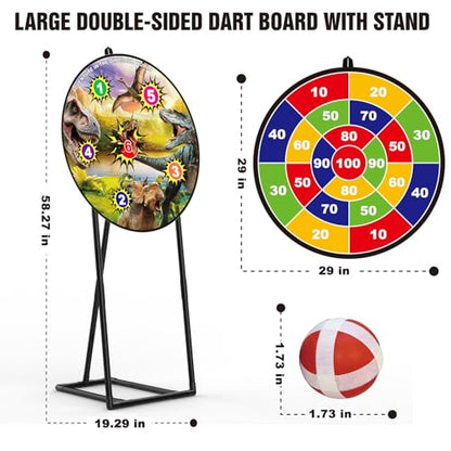 29" Large Dinosaur Dart Board for Kids, Kids Double-Sided Dart Board with Sticky Balls & Stand, Dinosaur Theme Indoor/Outdoor Carnival Party Games, Gifts for 3 4 5 6 7 8 9 10 11 12 Year Old Boys Girls