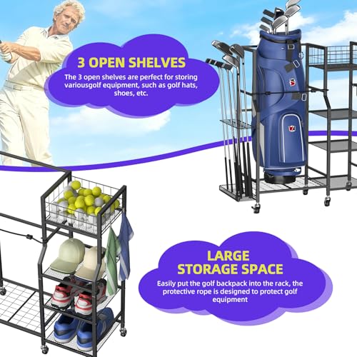 Golf Bag Stand Storage Rack with Wheels, Organizer for Golf Bags and Golf Equipment&Accessories,Ideal for Garage, Home, Golf Clubs