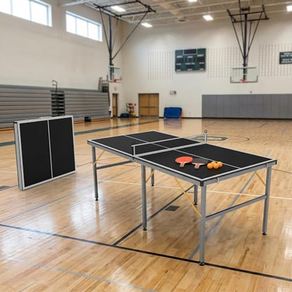 Foldable Ping Pong Table, 6FT Mid-Size Table Tennis Game Set,Portable Ping Pong Tables with Net, 2 Table Tennis Paddles and 3 Balls,Instant Setup,No Assembly Required - color: Black