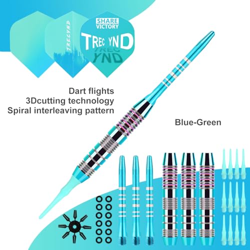 Soft Tip Darts Set 3 Aluminum Shaft Professional Darts Plastic Tip Sets 2BA Replacement Tips + Extra 3 Dart Flights 3 Replace Plastic Shafts for Electronic Dart Board - color: GREEN-BLUE