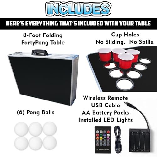 8-Foot Regulation Length Folding Table w/Optional Cup Holes, LED Lights, Custom Graphic (Choose Your Model) - color: Black, style: w/ LED Lights & Cup Holes