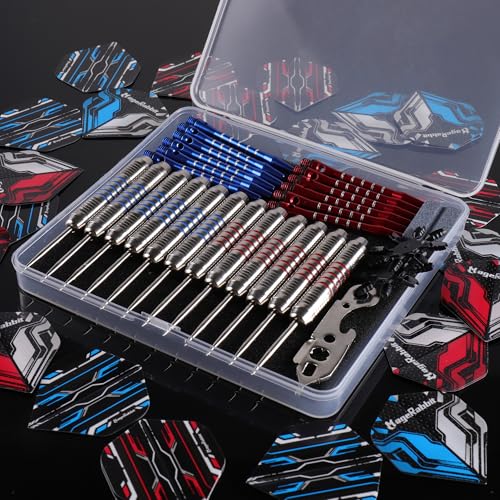 Darts Metal Tip Set 12pcs+24pcs Dart Flights+Dart Accessories Kit.Professional Steel Tip Darts - color: red and white