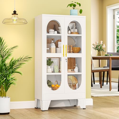 47"H Metal Display Cabinet with Glass Door and Lock, Tall Storage Cabinet with 3 Adjustable Shelves, 4 Tier Liquor Cabinet Metal Curio Cabinet Multi-Purpose Display Case for Collectibles Living Room - color: White, size: 47''H