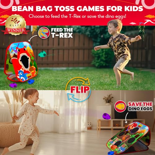 Swooc Games® - Dino Frenzy | 2-in-1 Corn Hole Games for Kids | 5-Second Setup | Dinosaur Bean Bag Toss Game for Kids | Kid Cornhole Game Set | Toddler Party Activity | Outside Bean Bags Kid Tossing