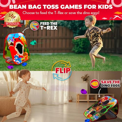 Swooc Games® - Dino Frenzy | 2-in-1 Corn Hole Games for Kids | 5-Second Setup | Dinosaur Bean Bag Toss Game for Kids | Kid Cornhole Game Set | Toddler Party Activity | Outside Bean Bags Kid Tossing