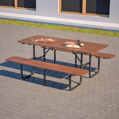 72" Rectangular Commercial Picnic Table with Wooden Top, Metal Legs, Durable Outdoor Dining Table Camping Table with 1.97" Umbrella Hole for School, Warehouse, Brown - color: Brown, size: Rectangular
