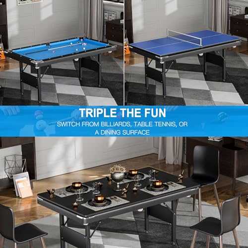 3 in 1 Billiard Table, 64" Folding Pool Table with Ping Pong Table and Dining Top, Multi Game Table Includes Billiard Accessories and Tennis Paddles for Family Game Room, Basements - color: Blue