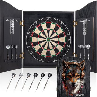 Sisal Dart Board Cabinet Sets, Decorative Dart Boards for Adults [6*Steel Darts] - Wooden Dartboard Cabinet with Integrated Scoreboard for Family Game Rooms - [Wolf Head]