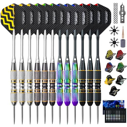 Turnart Darts Metal Tip Set - Steel Tip Darts Darts Set Professional Metal Darts 12 pcs 22/24 Grams Pro Dart Set with Stylish Case Aluminum Shafts Extra 9 Flights - color: Purple