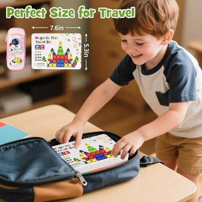 Mini Magnetic Tiles for Kids Travel - 40pcs STEM Building Blocks with Visual Storage Guide & Metal Box Play Base, Toddler Airplane Activities Toys for Ages 3-5,4-8, Compact Travel Toys - style: Glossy Surface Mini Magnetic Tiles - 40 PCS