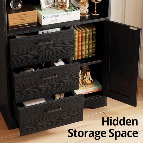 IRONCK Bookshelf with Doors and 3 Drawers 71 in Tall Bookcase with 3-Tier Shelves, Industrial Book Shelf with Storage for Living Room Entrance Hallway Home Office, Black - color: Black