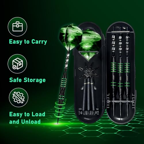 XAWU 3 Pack Steel Tip Darts Set Professional Darts 22g, 24g with 9 Dart Flights 3 Aluminum Shafts 3 Spare Shafts 1 Dart Sharpener 12 Rubber O-Rings Flight Protector and Darts Case - color: ‎22g Green & Black