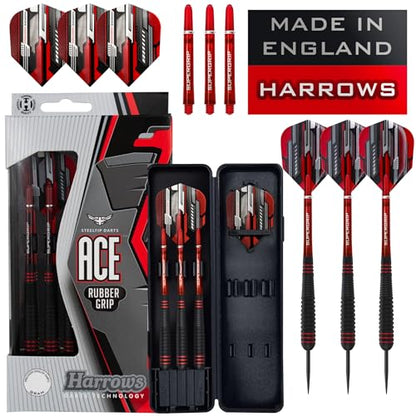 Harrows Ace Rubber Brass Steel Tip Darts Set Available in 20g, 22g, 24g & 26g - Includes Supergrip Shafts, Micron Marathon Flights & Convenient Travel Case - size: 24 g
