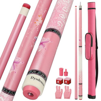 Pink Pool Cue 19oz - 58 inch Canadian Maple Wood 13mm Leather Tip, Floral Design Metallic Paint Lacquer, 3/8×8 Joint with Case, Chalks, Gloves, Protectors