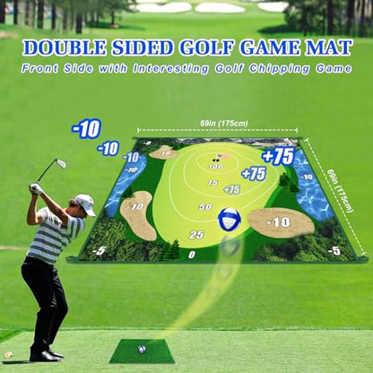 Golf Chipping Game with Hitting Mat, 70"x70" Double Sided Golf Practice Mat Kits with 20 Sticky Balls, Indoor Outdoor Golf Training Accessories for Adult Family Yard Game (No Club)