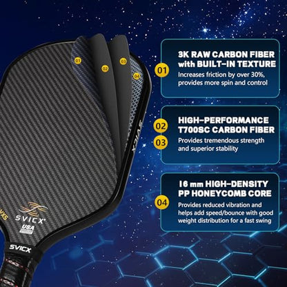 Carbon Fiber Pickleball Paddle 16mm – Professional Pickleball Paddles with Superior Control, Power & Spin – Extended Handle for Two-Handed Grip, USAPA Approved - color: Black