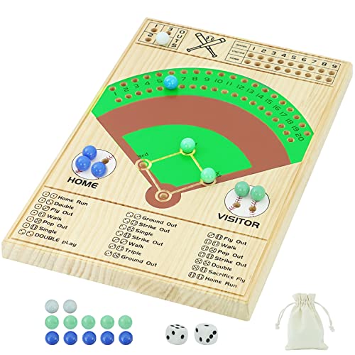 Jyquorp Baseball Dice Board Game Thick Solid Wood Dice and Marble Board Game Fun Color Pattern Double Battle Table Game for Family Party Holiday Gatherings (Log Color)…